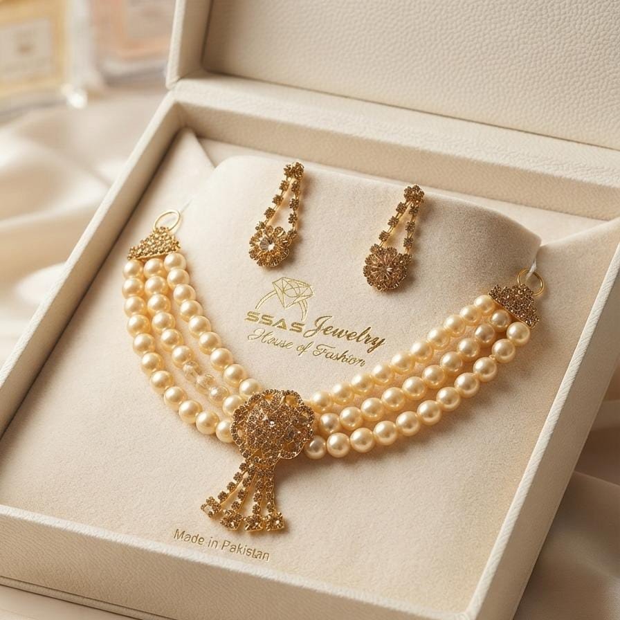 SSAS Jewelry House of Fashion | 3-Layer Pearl Choker Necklace Set with Gold Pendant & Drop Earrings | Cream Pearl Necklace for Weddings & Formal Wear